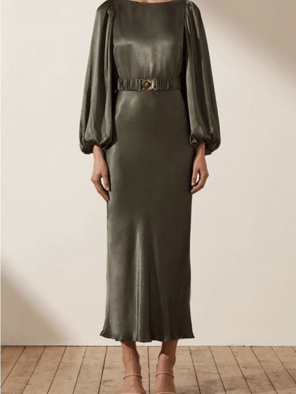 Shona Joy Olive Satin Maxi Dress with Puff Sleeves